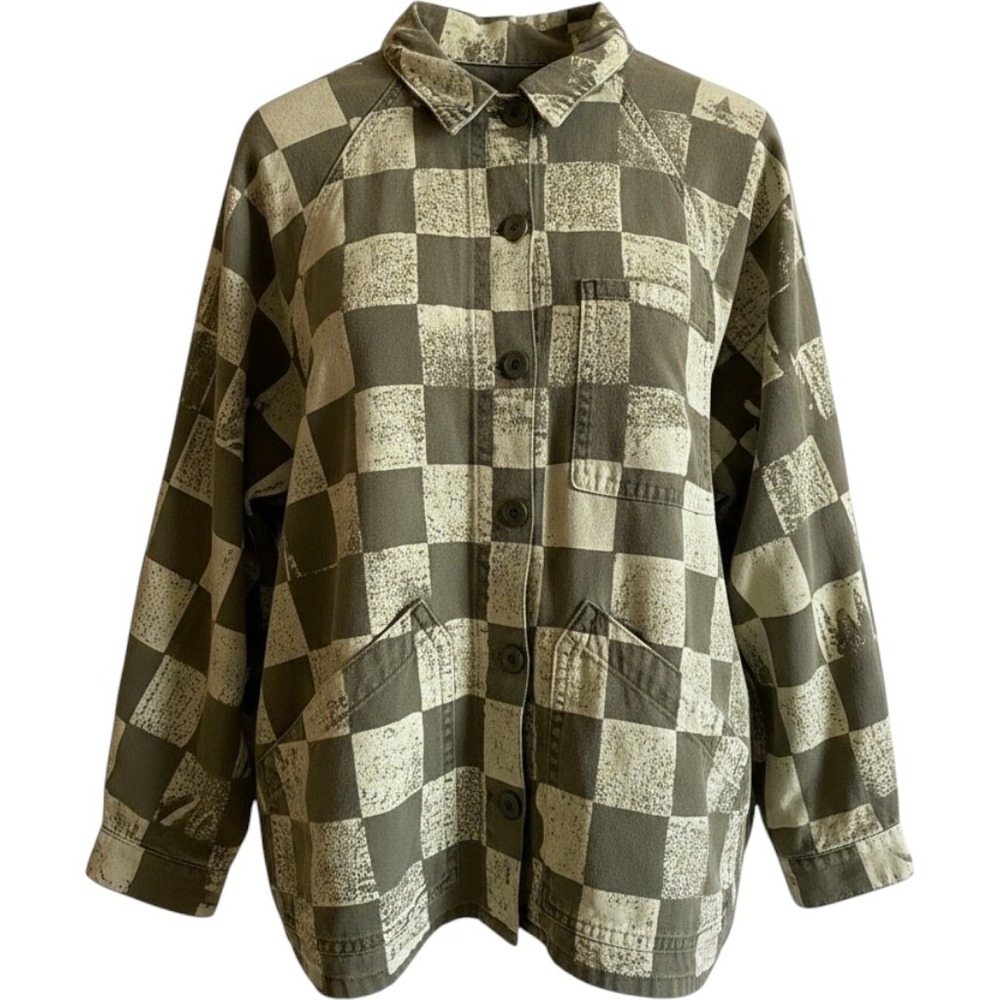 THE GREAT Commodore Utility Jacket Army Green Checker Cotton Shacket Sz 2 Medium
